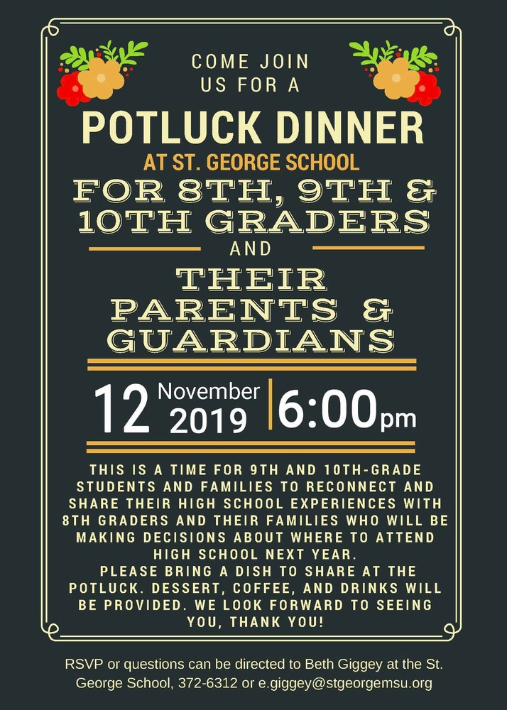 November 12 Potluck Dinner for 8th Grade and High School Students & Families