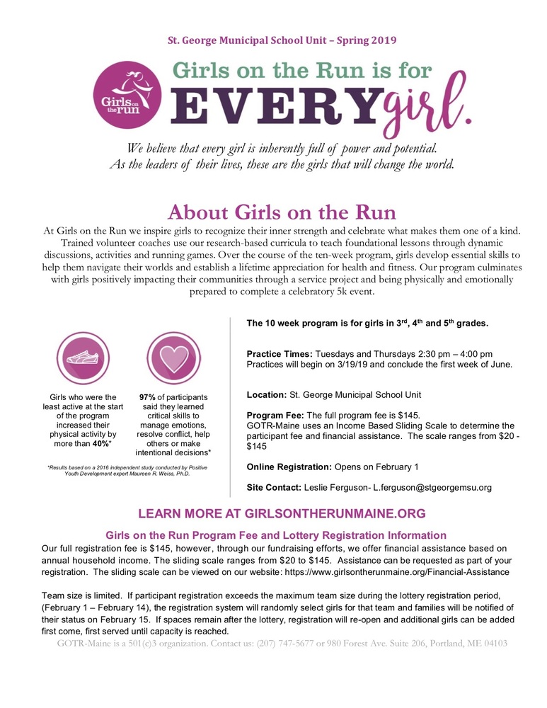 Flyer for Girls On The Run Spring 2019 Session at the St. School