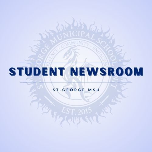 Student Newsroom writing, St. George logo behind