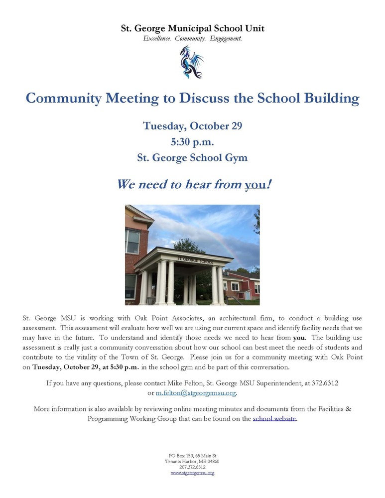 Tuesday, October 29 Community Meeting with Architect to Discuss the School Building