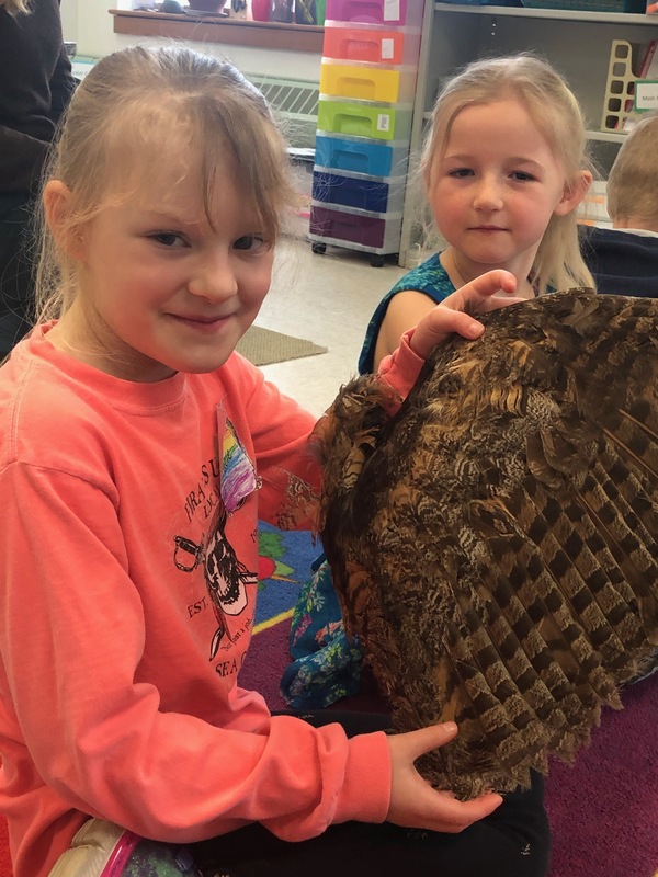 First grade students looking at a bird's wing